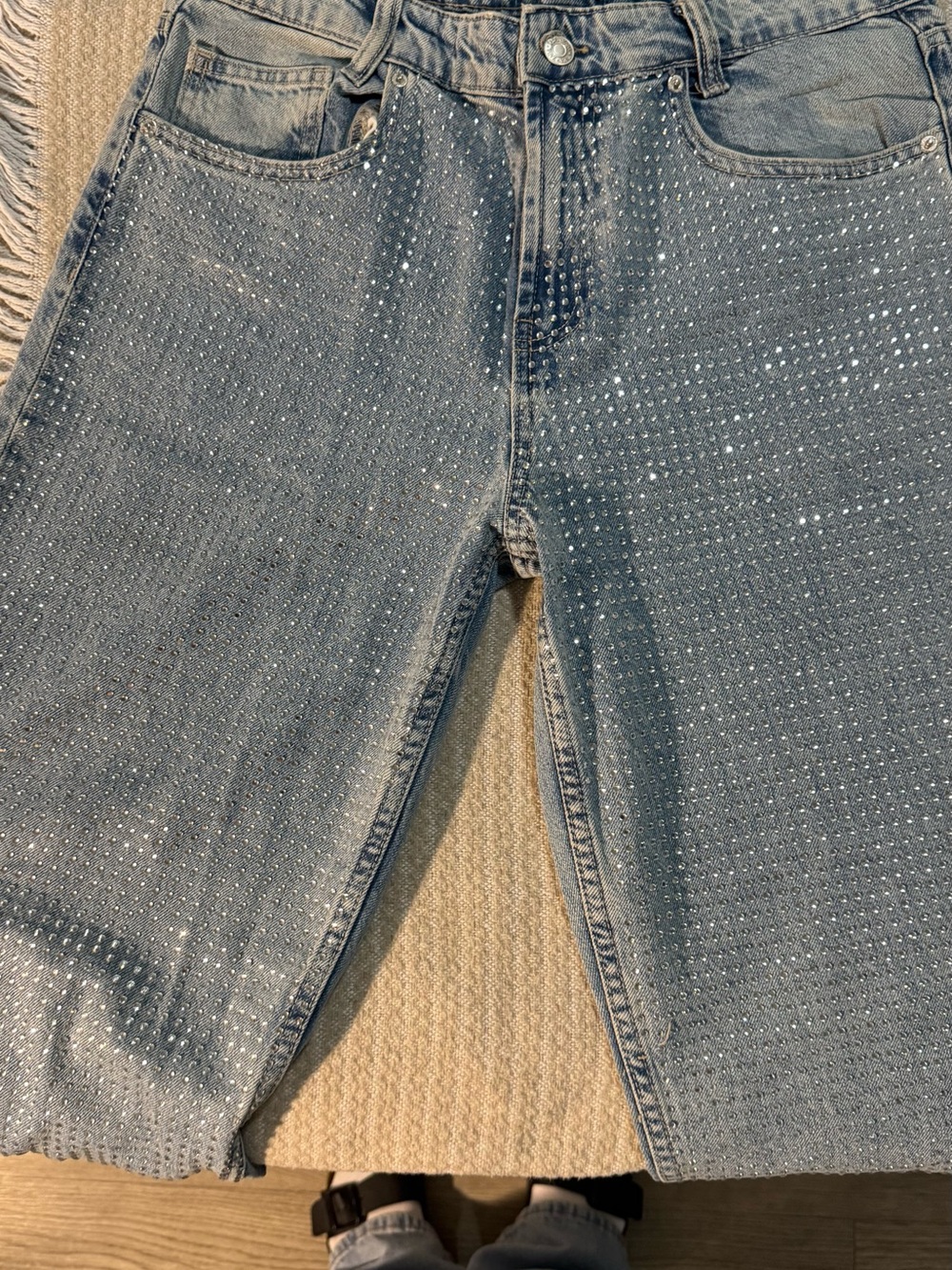 Zara Light Blue Straight-Leg Jeans with Rhinestone Detailing